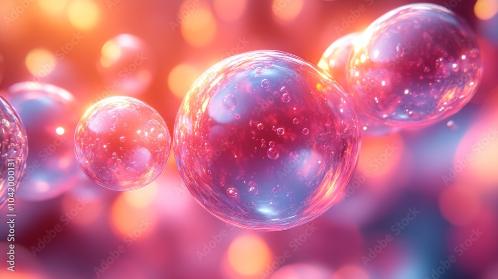 Poster Floating microbubbles showcase a captivating blend of pink and blue colors, enhanced by soft lighting that creates a whimsical ambiance. Each bubble reflects light, adding to the enchanting effect.