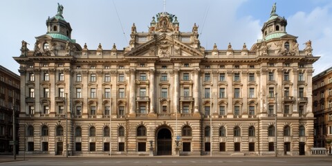 Fototapeta premium A magnificent historical building adorned with intricate architectural detailing stands symmetrically, flanked by smaller structures, under a clear sky in a bustling urban setting