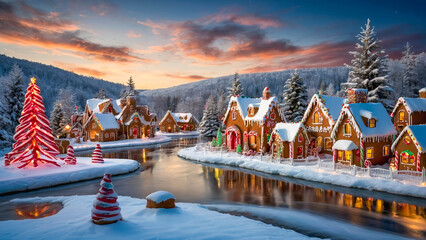 AI-generated image of a winter wonderland of Christmas spirits, where gingerbread houses candy cane trees, and chocolate river come to life