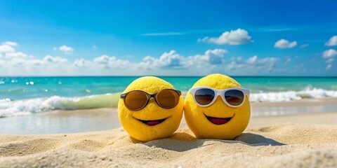 Naklejka premium Relaxing Emoji Plush Toys on a Beach - Fun Summer Vibes with Sunglasses