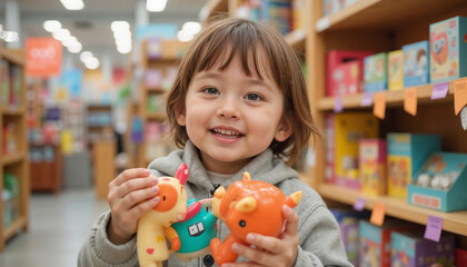 Fototapeta premium Happy little boy playing with toys in a bright children's store