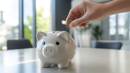 Hand Placing Coin into Piggy Bank on Modern Office Desk