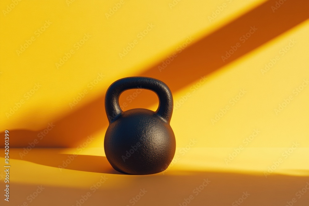 Poster a black kettlebell sits on a bright yellow background, showcasing its shape and texture, emphasizing