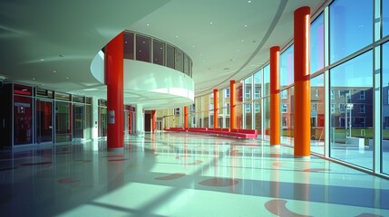 Modern architectural design featuring spacious atrium with red columns and large windows providing abundant natural light and contemporary aesthetic