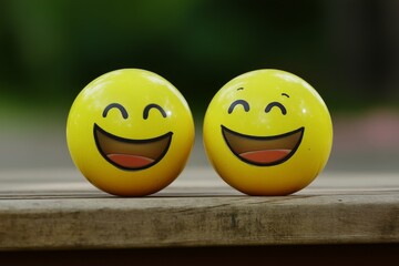 Two Smiling Emojis on a Wooden Surface
