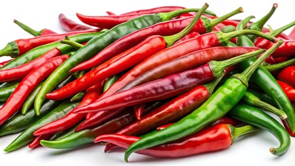 Tilted angle organic red and green cayenne pepper on white background