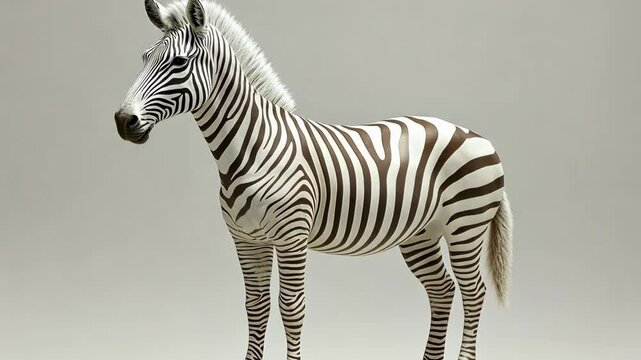 A zebra stands against a light gray backdrop, its black and white stripes creating a striking contrast