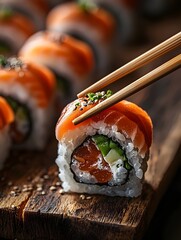 A close-up of a delicious sushi roll with fresh salmon, avocado, and rice, elegantly held with chopsticks against a rustic wooden background.