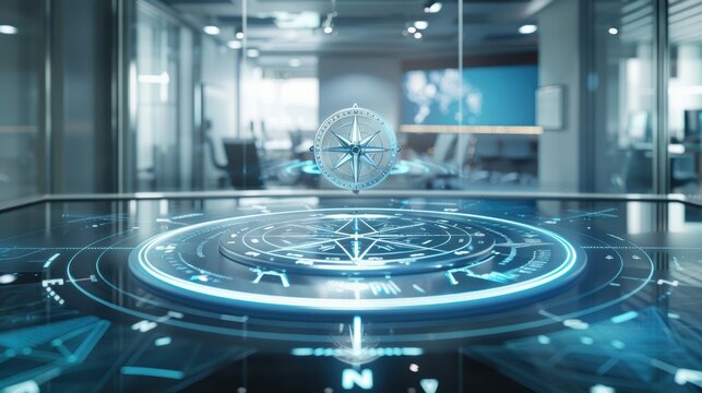 Futuristic Digital Compass in Modern Office Symbolizing Tech-Driven Leadership and Innovation - Powered by Adobe