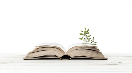 Obraz premium Open book with green leaves emerging, symbolizing knowledge and growth.