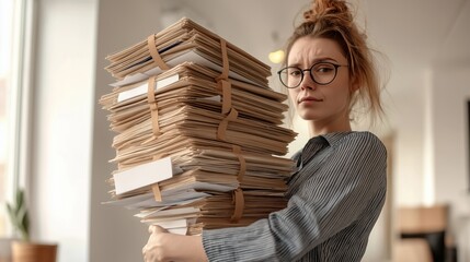 A tired woman holds a large stack of office papers. Deadline and workaholism at work