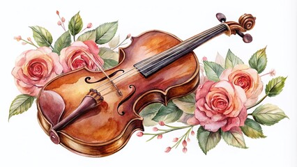 Fototapeta premium Retro Wooden Brown Violin with Bow Surrounded by Rose Flowers - Hand Drawn Watercolor Illustration
