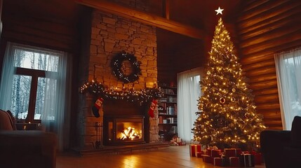 Fototapeta premium Cozy Christmas Living Room with Festive Decorations