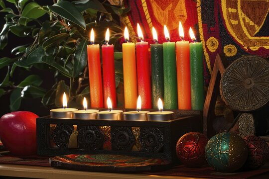 A traditional Kwanzaa altar with glowing candles, adorned with symbols of African heritage, showcasing a rich tapestry of colors and textures.