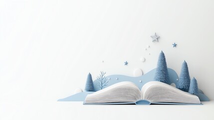 Open book with snowy landscape, blue paper cut elements, white isolated background.
