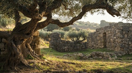 An ancient olive grove believed to have been nurtured by the Maccabees, gnarled branches and weathered stone walls, gentle dawn light enveloping the landscape, atmosphere, illumination, sentiment.