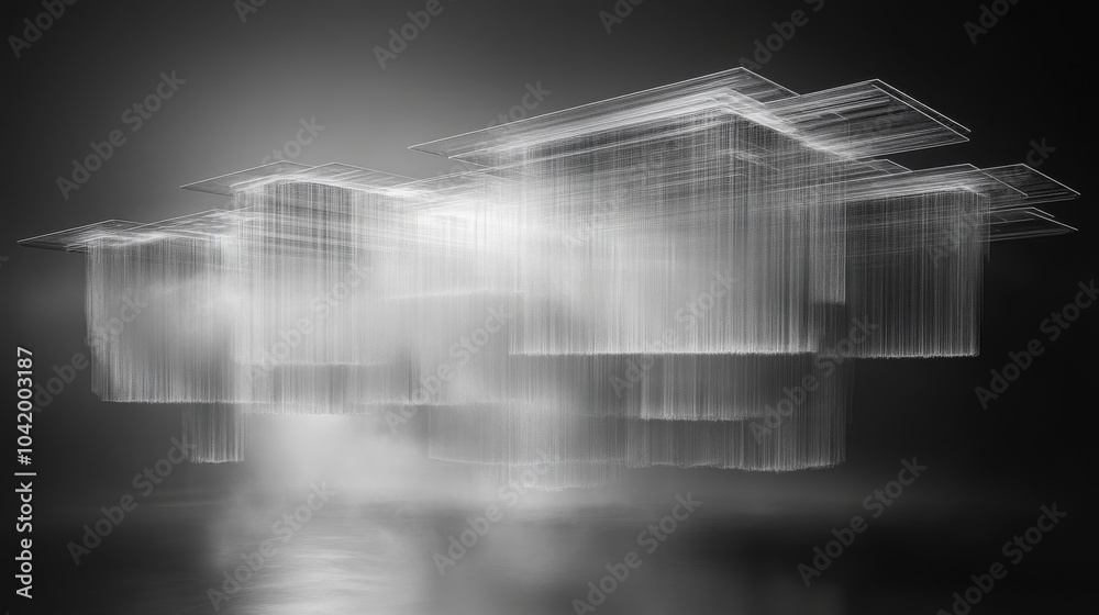 Aufkleber An abstract architectural structure is illuminated by soft light, surrounded by a misty atmosphere, enhancing its ethereal quality against a dark backdrop.