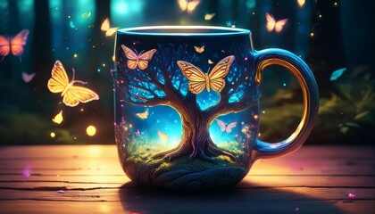 enchanted tree mug with glowing butterflies in a forest setting