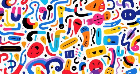A vibrant and abstract composition featuring colorful shapes and patterns on white background, evoking a playful and energetic atmosphere.