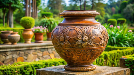 Close-up of a single, finely detailed terracotta pot