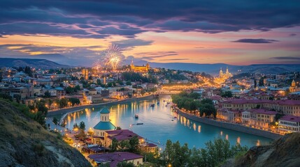 Obraz premium Scenic Cityscape with Fireworks at Sunset Horizon