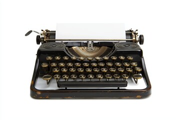 A classic typewriter, isolated on white, with keys visible and a paper sheet loaded