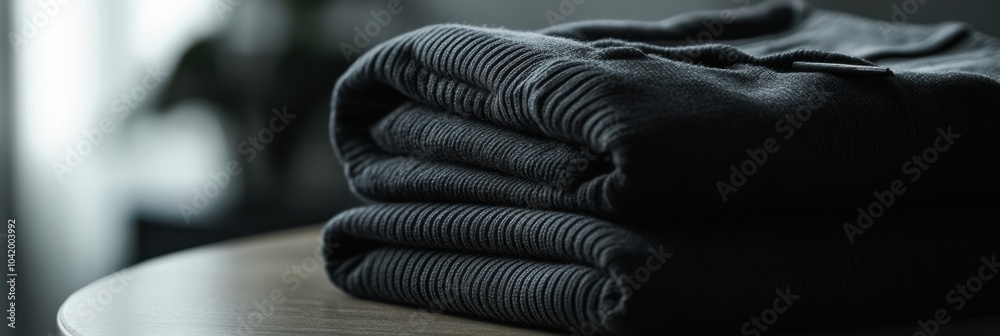 Poster the scene captures minimalist sportswear folded neatly on a smooth table, showcasing a simple and or