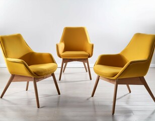 four modern yellow armchairs with wooden legs in stylish design