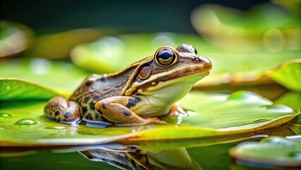 Reflected common frog emerging from pond by water lily leaf