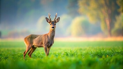 Obraz premium Roe Deer in Farm Field: Minimalist Nature Photography for Tranquil Landscapes