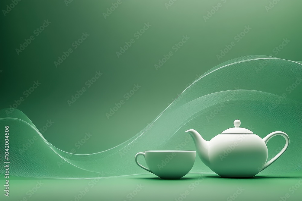 Aufkleber the simple line drawing showcases a teapot beside a cup, set against a calming green backdrop, evoki