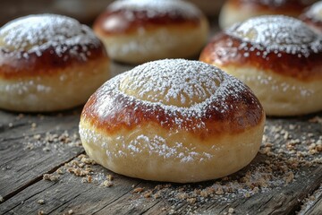 Sufganiyot with powdered sugar lightly sprinkled on top, sitting on a rustic wooden table with crumbs, soft natural lighting from a window, close-up focus on texture
