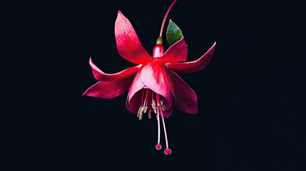 A single vibrant fuchsia flower isolated on a black background, with its delicate petals and striking colors highlighted in this dramatic, close-up shot.
