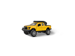 Yellow pickup truck toy model with clear white background