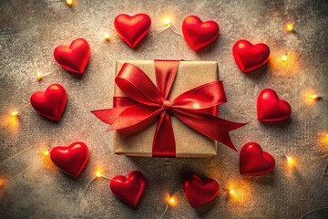 Obraz premium Romantic Flat Lay of Gift Box Surrounded by Red Hearts for Valentine's Day Celebration