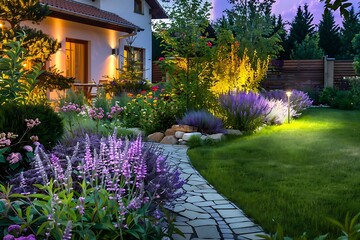 Obraz premium Garden landscaping with colorful flowers and green grass with ambient lighting system installation