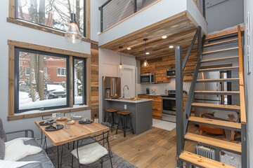 Fototapeta premium A beautifully designed modern open-plan kitchen and dining area with wooden accents and contemporary fixtures in a cozy residential setting