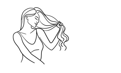Girl touching her hair continuous line art drawing isolated on white background. Happy lady line art. Vector illustration	 