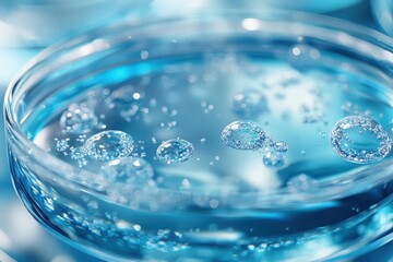 Bubbles rising in clear blue liquid inside a petri dish at a laboratory