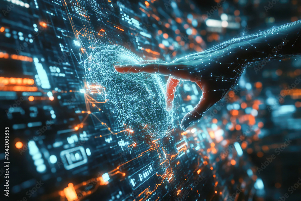 Wall mural futuristic touch interface with digital hand interaction in cybernetic environment