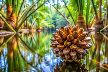 Symmetrical brown nipa palm seed in mangrove forest with nipa palm flower