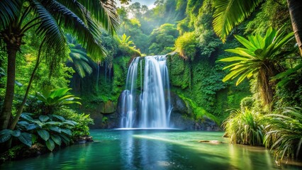 Tropical paradise waterfall and lush foliage landscape