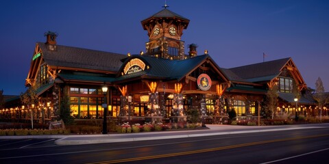 The image showcases a beautifully lit rustic-style restaurant with a prominent clock tower during the evening, highlighting its charming architectural features