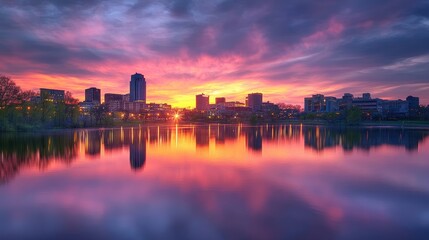 Fototapeta premium A stunning city skyline reflects on calm waters at sunset, capturing the peaceful beauty of urban life.