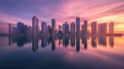 Fototapeta premium A stunning city skyline reflects on calm waters at sunset, capturing the peaceful beauty of urban life.