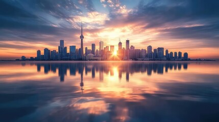 Fototapeta premium A stunning city skyline reflects on calm waters at sunset, capturing the peaceful beauty of urban life.