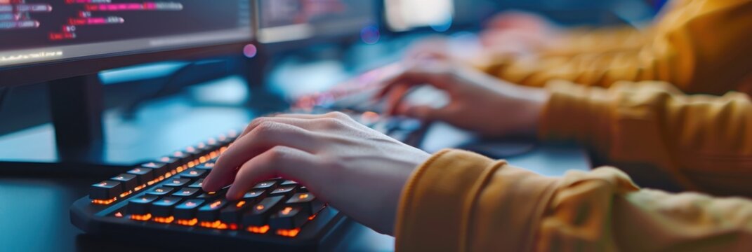Person typing on a keyboard with code on the screen in a dimly lit room, highlighting programming and technology concepts. - Powered by Adobe