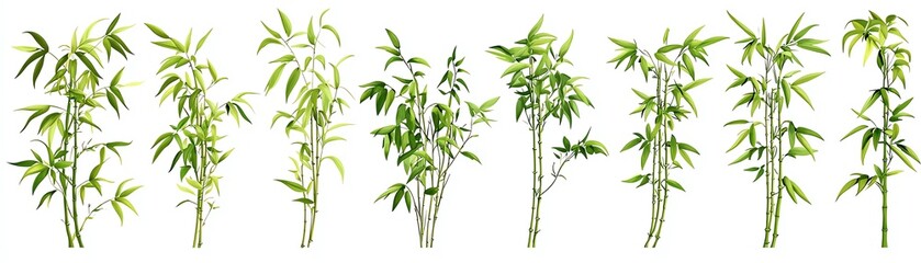Fototapeta premium Bamboo plants arranged in a row on a white isolated background.