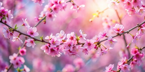 Fototapeta premium twigs of pink cherry blossoms in sunlight Depth of Field