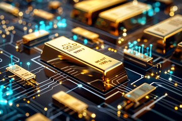 Gold bullion on circuit board background